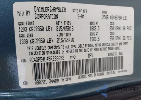 2005 Chrysler Town & Country Touring z USA, uszkodzony, nr VIN 2C4GP54L45R289652